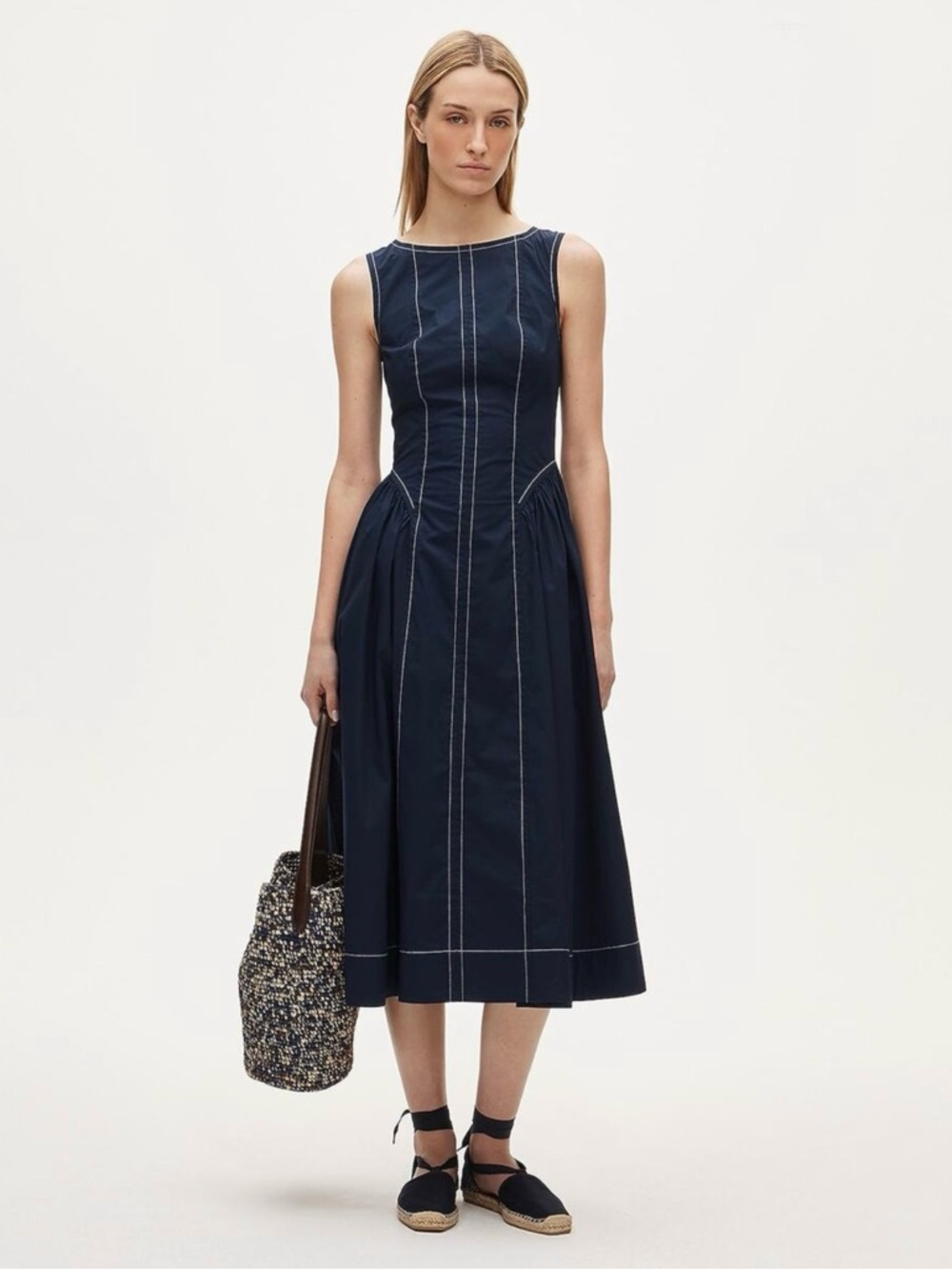 NWT J. Crew Contrast-stitch Midi Dress Cotton-blend Poplin Navy Blue